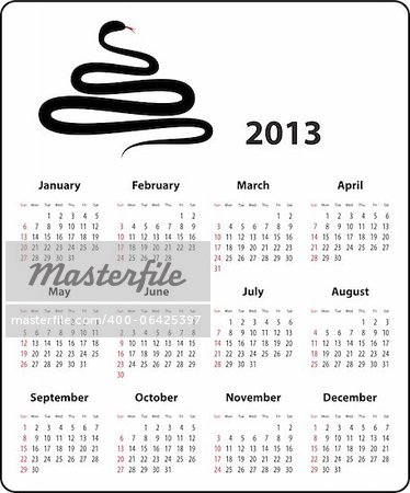 Calendar for 2013 year in English and a snake in the shape of Christmas tree . Vector illustration