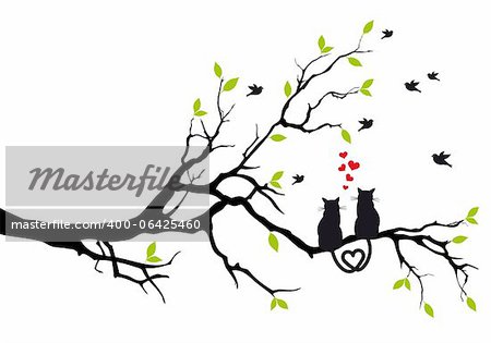 chats amoureux sur la branche d'arbre avec des oiseaux, illustration vectorielle