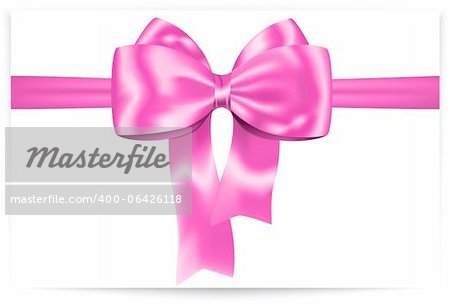 Beautiful pink bow with ribbon. Gift card. Vector illustration