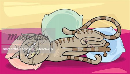 Cartoon Illustration of Happy Sleepy Tabby Cat on the Bed with Pillows