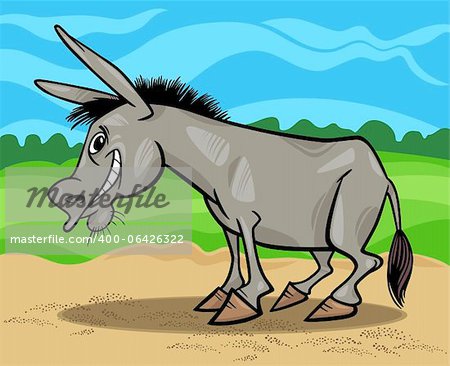 Cartoon Illustration of Funny Donkey Farm Animal against Blue Sky and Field