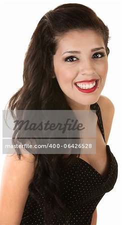 Cheerful beautiful Mexican woman cut out from white background