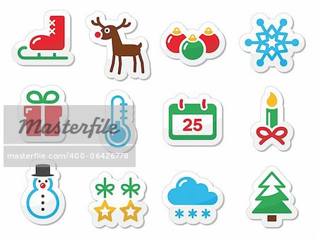 Xmas icons set with reflection - snowman, present, christmas tree, reindeer