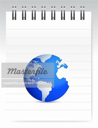 notepad and globe illustration over light white background