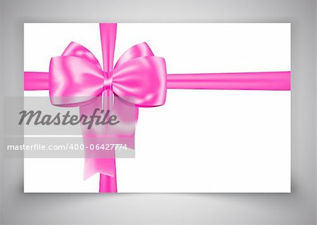 Gift card with luxurious pink bow on gray background. Ribbon. Vector illustration