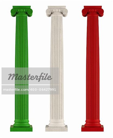 three marble Ionic columns with the colors of the Italian flag isolated on white