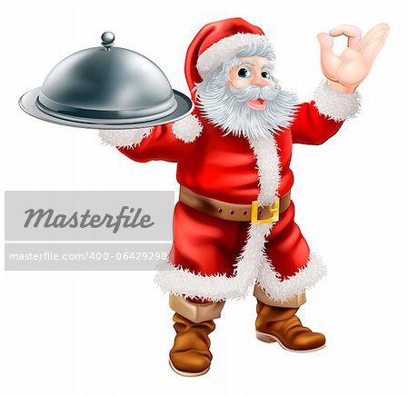 Une illustration du père Noël, faire signe de parfait du chef avec sa main et tenant un plateau couvert de nourriture