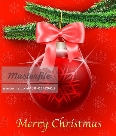 Holiday gift card with Christmas tree and a bauble hanging on snowflake background. Merry Christmas. Vector illustration