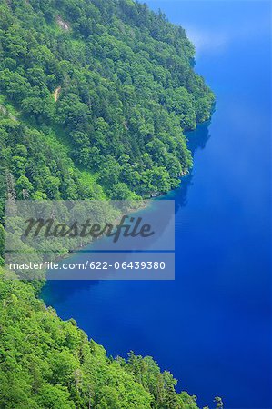 Aerial view of Lake Mashu and trees in Teshikaga, Hokkaido