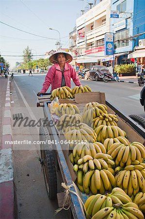 Old woman selling bananas on the streets of Vientiane, Laos, Indochina, Southeast Asia, Asia