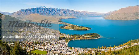 Aerial view of Queenstown, Lake Wakatipu and the Remarkable mountains, Otago Region, South Island, New Zealand, Pacific