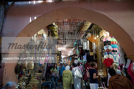 A view of the souk through an arch in Marrakech, Morocco, North Africa, Africa