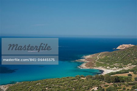 An aerial view of the Corsican coast near L'Ile Rousse in the Haute-Balagne region, Corsica, France, Mediterranean, Europe