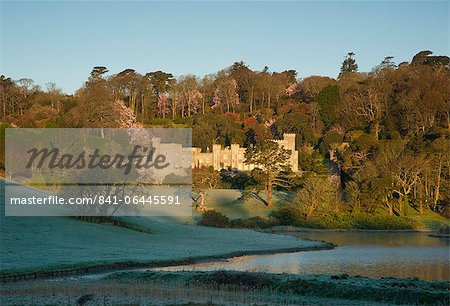 Lever du soleil au château de Caerhays avec magnolias en fleurs derrière le château et le soleil se reflète dans le lac, St. Austell, Cornwall, Angleterre, Royaume-Uni, Europe