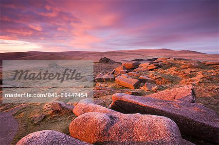 Pink dawn sky above Belstone Tor, Dartmoor National Park, Devon, England, United Kingdom, Europe Pink dawn sky above Belstone Tor, Dartmoor National Park, Devon, England, United Kingdom, Europe