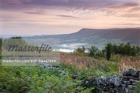 Trockene Steinmauer über den Gipfel des Allt yr Esgair, mit Blick auf den See Llangorse und Mynydd Troed, Brecon Beacons, Powys, Wales, Vereinigtes Königreich, Europa