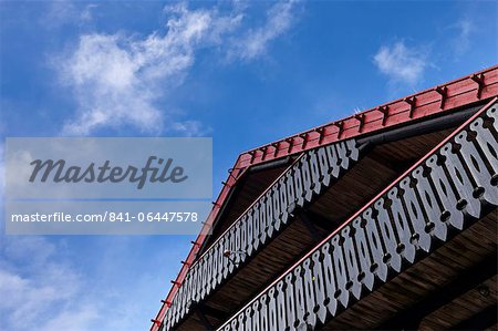 Detail of a wooden hotel facade in the village of Gjogv, Eysturoy, Faroe Islands, Denmark, Europe