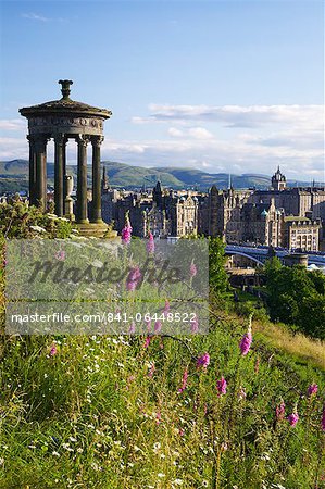 Dugald Stewart Monument and view of Old Town from Calton Hill in summer sunshine, Edinburgh, Scotland, United Kingdom, Europe