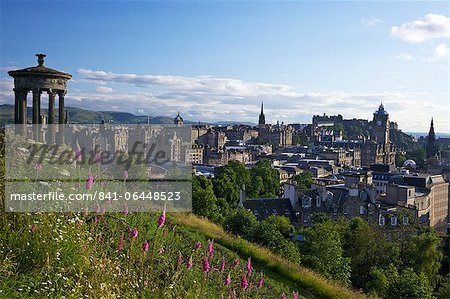 Dugald Stewart Monument and view of Old Town from Calton Hill in summer sunshine, Edinburgh, Scotland, United Kingdom, Europe