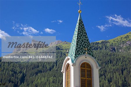 View over church, Canazei, Val di Fassa, Trentino-Alto Adige, Italy, Europe