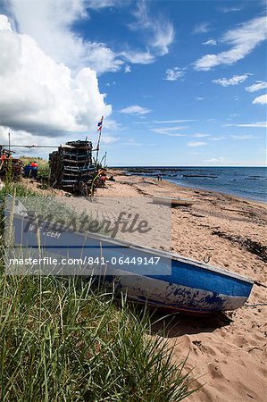 Fishing boat on the beach at Carnoustie, Angus, Scotland, United Kingdom, Europe
