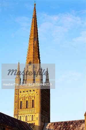 Tour de la cathédrale de Norwich et spire au coucher du soleil, Norwich, Norfolk, Angleterre, Royaume-Uni, Europe