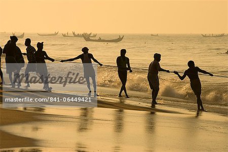Fishermen hauling in nets at sunrise, Chowara Beach, near Kovalam, Kerala, India, Asia