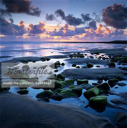 Sunset over rock pool, Strandhill, County Sligo, Connacht, Republic of Ireland, Europe