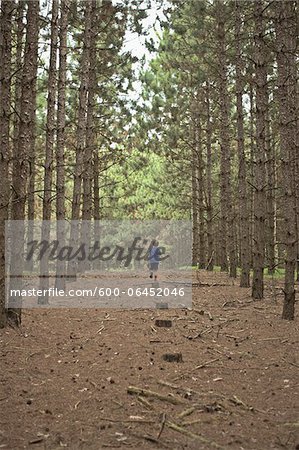 Boy Walking on Path in Forest, Newmarket, Ontario, Canada