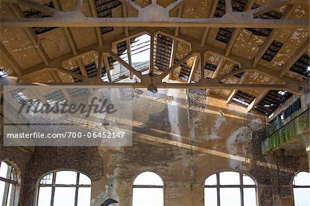 View of Crumbling Roof and Beams in Abandoned Colliery, Chatelet, District of Marcinelle, Charleroi, Wallonia, Belgium