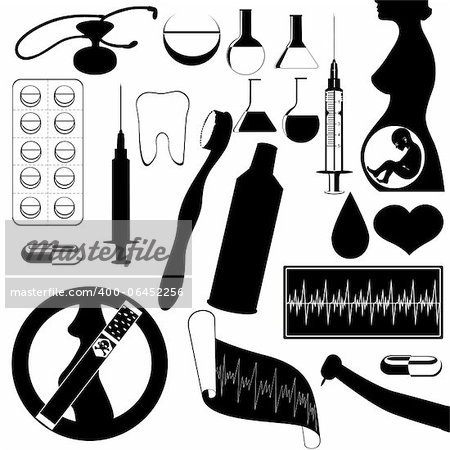 The contour of objects on the topic of medicine. Black and white illustration.