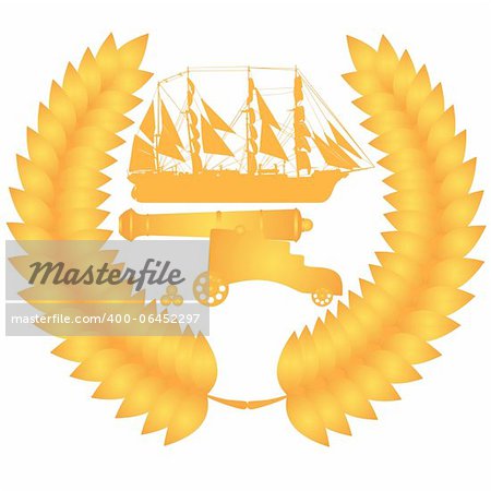 Contour image of an old sailing ship and an old ship's cannon against the backdrop of a wreath of golden leaves. The illustration on a white background.