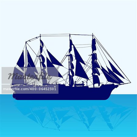 Contour image of an old sailing ship. The illustration on blue background.