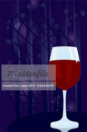 Vector illustration of glass of red wine on night disco background