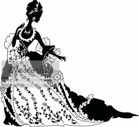 Graphic silhouette of a rococo woman. Fashion luxury