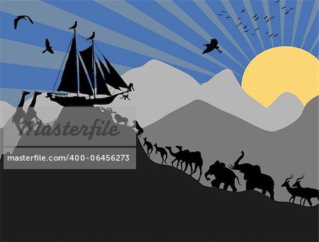 Noah's Ark and each pair of creatures backgound, vector illustration