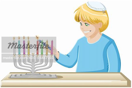 A vector illustrations of a jewish boy lighting Hanukkiah candles for Hanukkah.