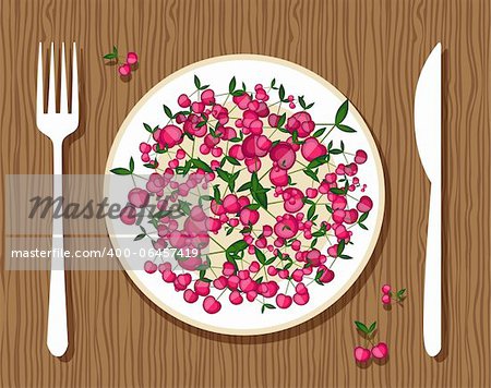 Cherries on plate with fork and knife on wooden background for your design