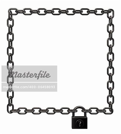 padlock on metal chains frame border on white background - 3d illustration