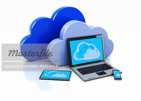 Technology 3d: laptop, cellphone, digital pad with cloud