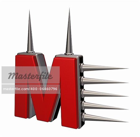 letter m with metal prickles on white background - 3d illustration