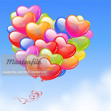 Colorful Heart Shaped Balloons in the sky. Valentine`s Day card.