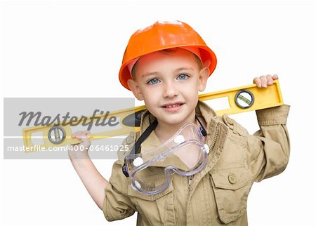 Happy Adorable Child Boy with Level, Hard Hat and Goggles Playing Handyman Isolated on a White Background.