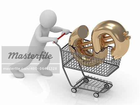 3D small man rolls in a trolley cart big gold dollar isolated on a white background