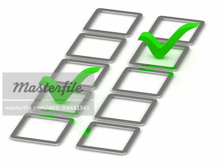 3d illustration of 2 green check mark in silver box over white background