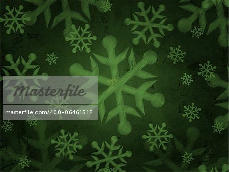 abstract green background with illustrated snowflakes, retro christmas card