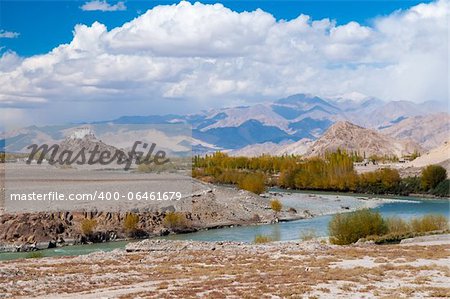 Roadside autumn view from Manali to Leh, India. River form from himalaya ice water.