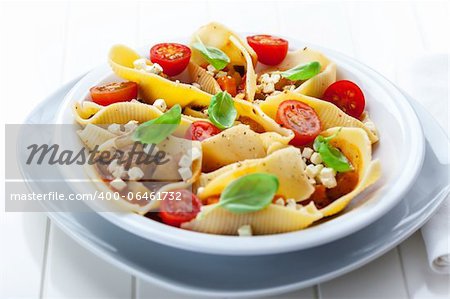 Pasta with vegetable stew with mozzarella and basil