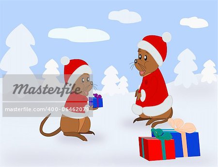 Two little mice in Santa Claus clothes,     with Christmas presents, standing in     the snow.