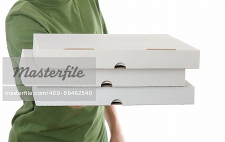 boy bringing a 3 cardboard pizza box, isolated on white background